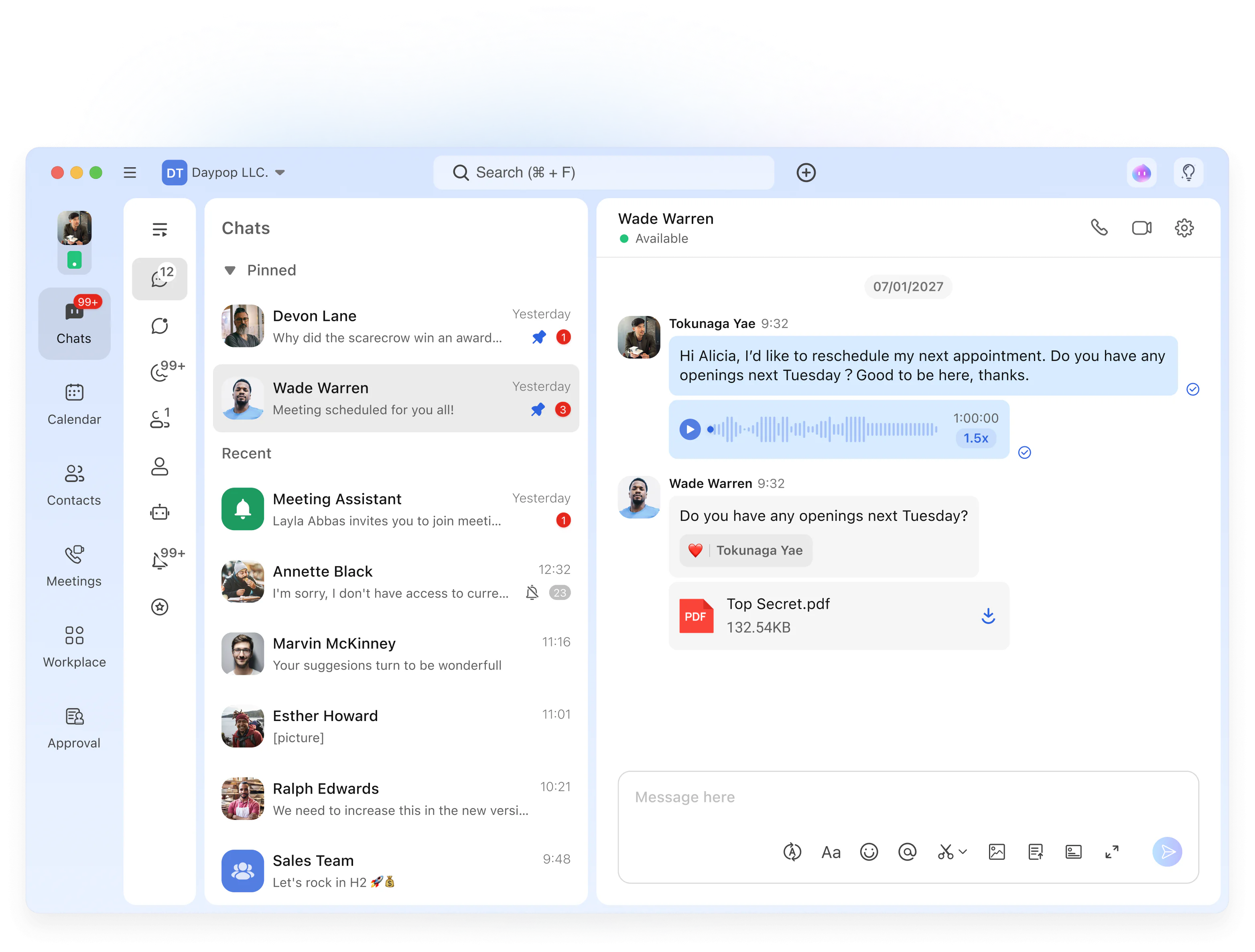 Matrx collaboration workspace with chat, voice messages, files, calls, and its background glow